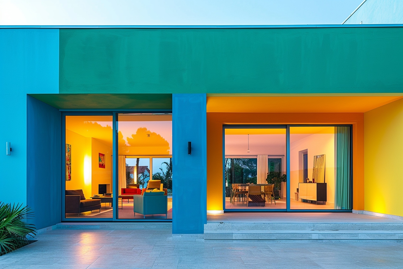 Palette de couleurs harmonieuses utilisée pour unifier les espaces dans une maison ouverte