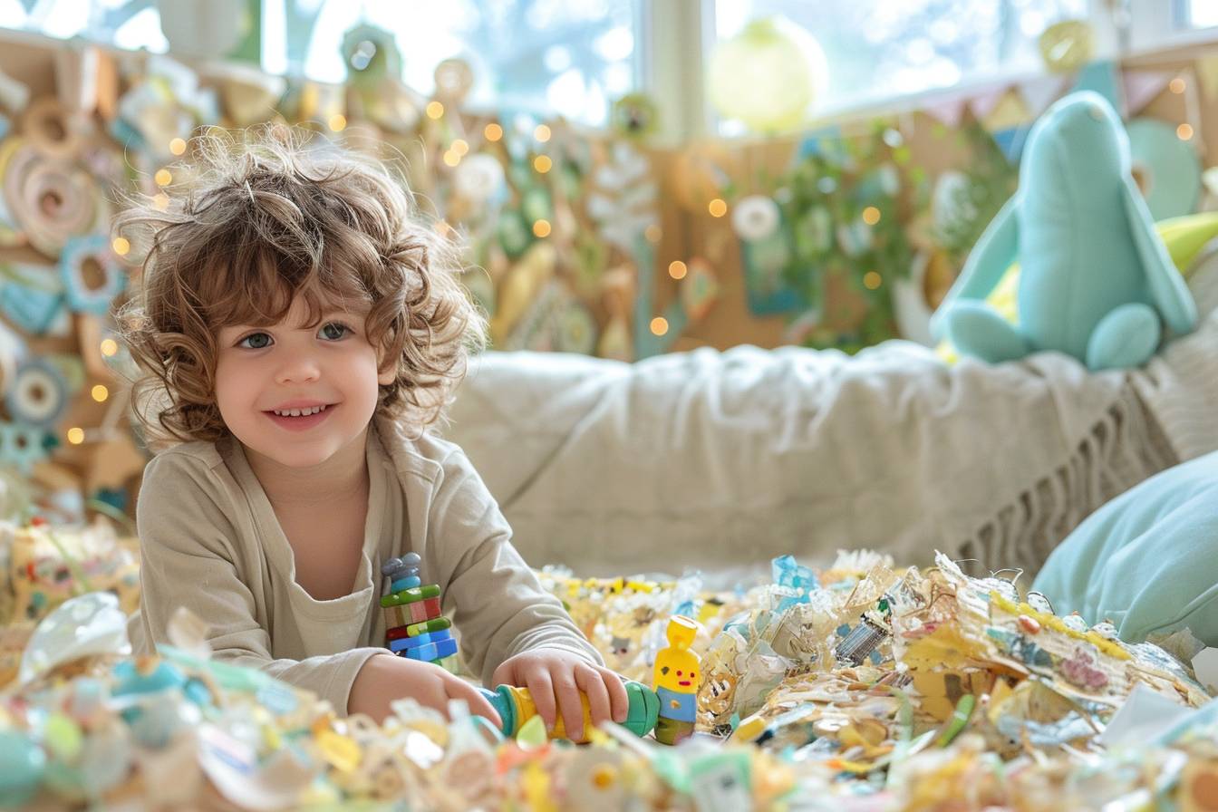 Chambre d'enfant colorée décorée avec des jouets et meubles faits de matériaux recyclés pour éveiller à l'écologie